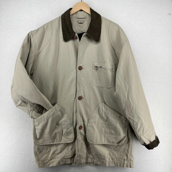 LL BEAN Jacket Mens L Canvas Barn Chore Field Coat Wool Plaid Flannel Lined Gray - Picture 2 of 16